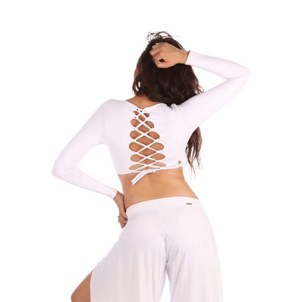 Mika Yimaya Yoga Crop Top, long sleeve, white, Sz L, NWT!